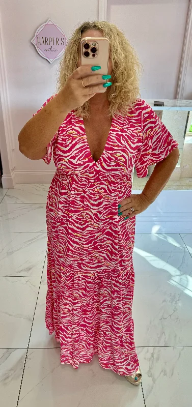 Matilda Pink Tiger Print Maxi Dress Elegant Maxi Dress with Belt