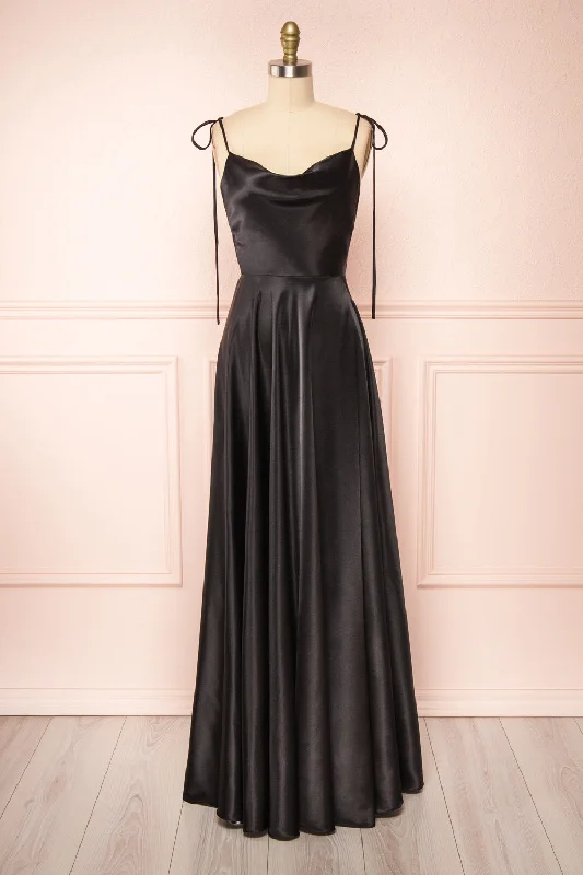 Moira Black | Cowl Neck Satin Maxi Dress w/ High Slit Fashionable High-Low Maxi Dress