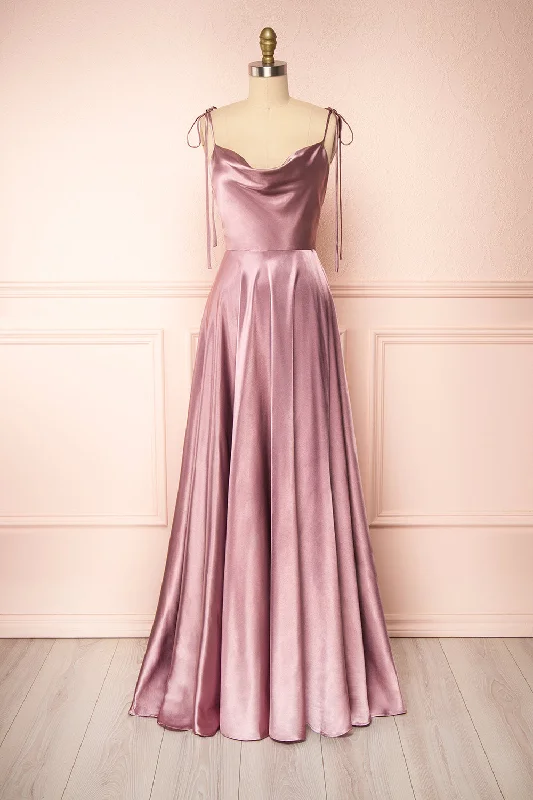 Moira Mauve | Cowl Neck Satin Maxi Dress w/ High Slit Stylish A-Line Maxi Dress