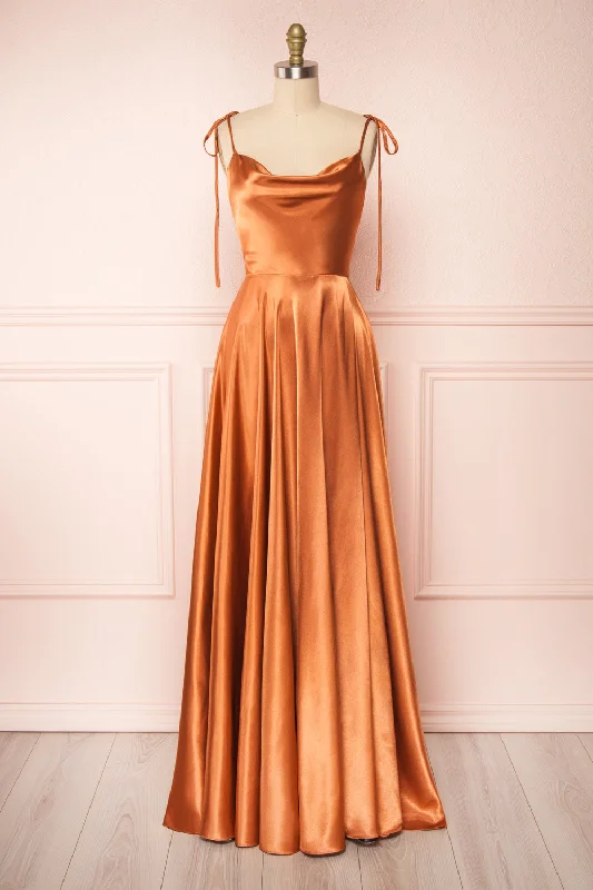 Moira Rust | Cowl Neck Satin Maxi Dress w/ High Slit Fashionable Button-Down Maxi Dress Moira Rust | Cowl Neck Satin Maxi Dress w/ High Slit Fashionable Button-Down Maxi Dress