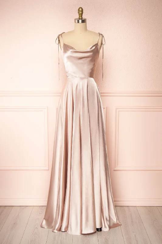 Moira Sand | Cowl Neck Satin Maxi Dress w/ High Slit Chic Sleeveless Maxi Dress