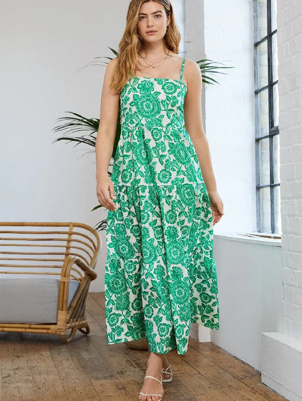Montserrat Florence Print Organic Cotton Maxi Dress | Green Cozy Spaghetti Strap Maxi Dress