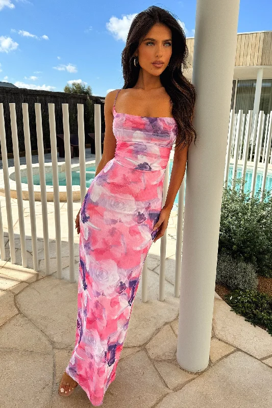 Nadine Maxi Dress - Pink Floral Comfortable T-Shirt Maxi Dress