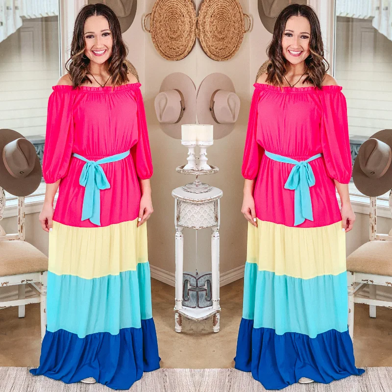 Soul of Sunshine Off the Shoulder Color Block Maxi Dress in Pink, Yellow, and Blue Stylish Maxi Dress with Pleats