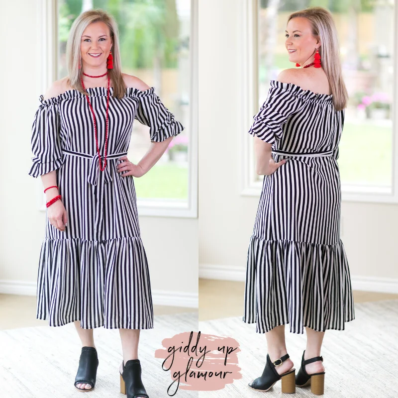 Jailhouse Rock Off The Shoulder Striped Midi Maxi Dress in Black Trendy Floral Print Maxi Dress