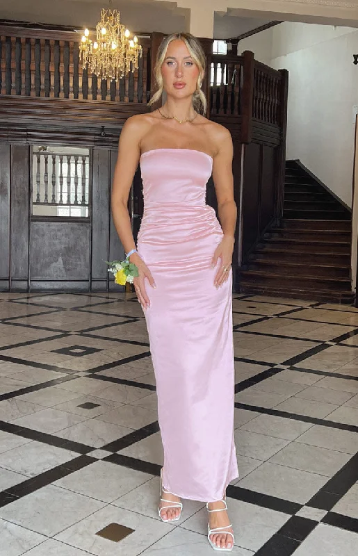 Pink Bloom Satin Strapless Maxi Dress Trendy Floral Print Maxi Dress