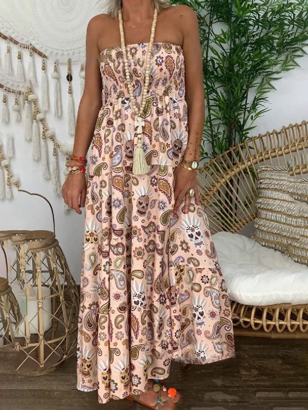 Printing Tube Top Cotton-Blend Sleeveless Floral Maxi Dress Elegant Lace-Up Maxi Dress Printing Tube Top Cotton-Blend Sleeveless Floral Maxi Dress Elegant Lace-Up Maxi Dress