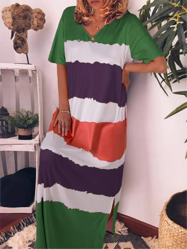 Rainbow Contrast V Neck Loose Maxi Dresses Cozy Ribbed Maxi Dress