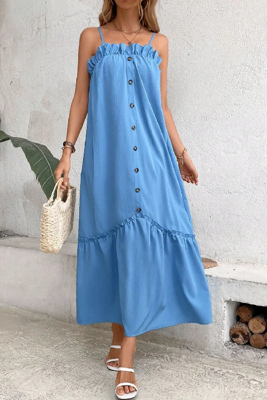 Ruffle Trim Buttoned Sleeveless Maxi Dress Fashionable Layered Maxi Dress