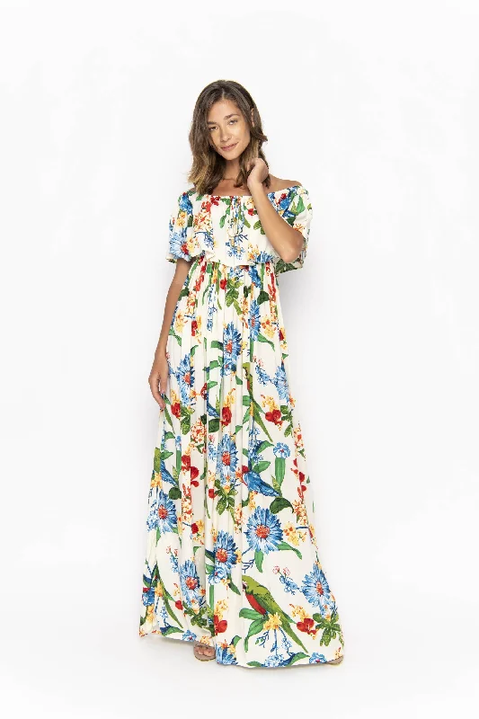 Safia, Tropical Macaw White, Maxi Dress