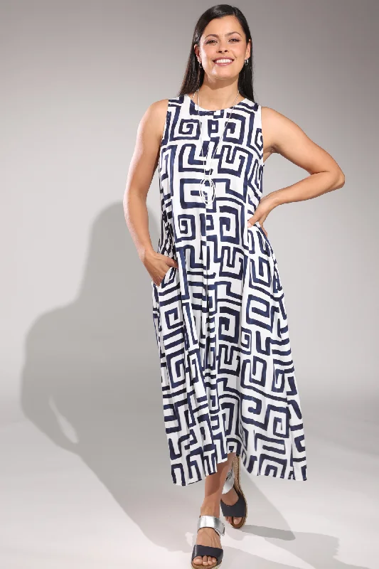 Sleeveless Maxi Dress | Navy White Geo | 3345A1