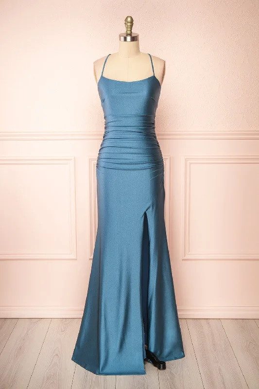 Sonia Blue Grey | Mermaid Maxi Dress w/ Slit Cozy Cold-Shoulder Maxi Dress
