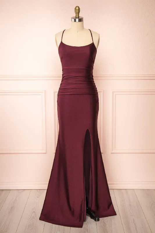 Sonia Burgundy | Mermaid Maxi Dress w/ Slit Trendy Floral Print Maxi Dress