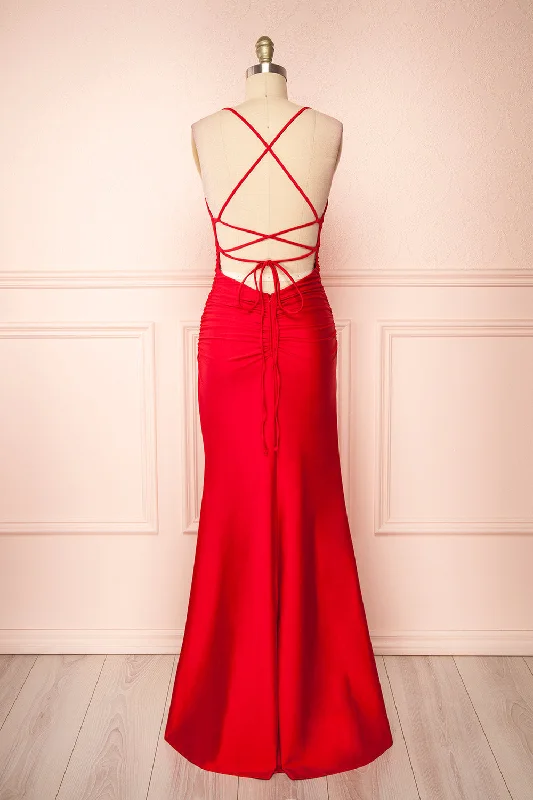 Sonia Red | Mermaid Maxi Dress w/ Slit Chic Boho Print Maxi Dress