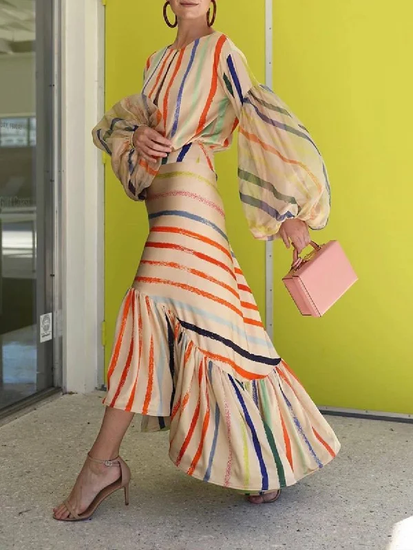 Striped Stitching Lantern Maxi Dresses Stylish Button-Up Maxi Dress