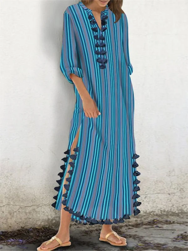 Stylish Casual Striped Slit V Neck Maxi Dresses