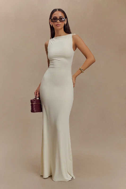 Tarna Sleeveless Slinky Maxi Dress - Bone Elegant Maxi Dress with Drapes