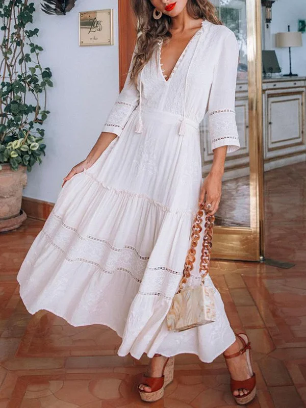 V-neck Boho Fringed Long Sleeve Maxi Dress Party Gown