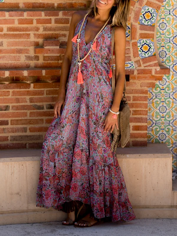 V-neck Sleeveless Loose Floral Printed Boho Maxi Dress Fashionable Halter Neck Maxi Dress