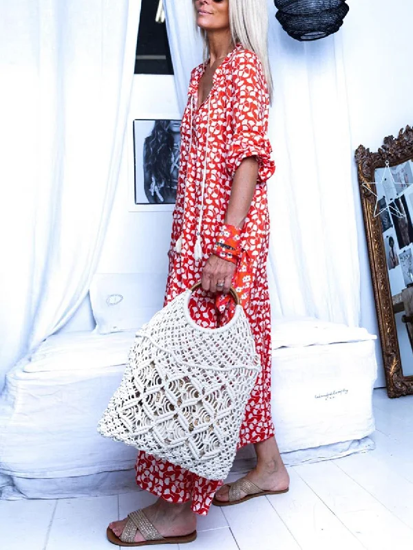 V-Neck Tassel Casual Print Maxi Dress