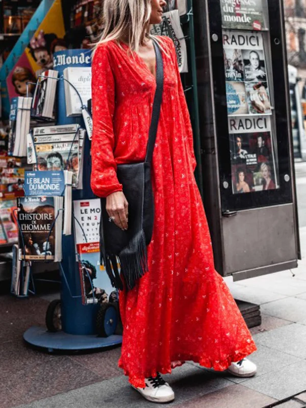 V-neck Long Sleeve Printed Maxi Dress Stylish Pleated A-Line Maxi Dress