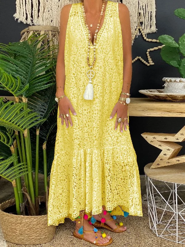 V-neck Sleeveless Lace Maxi Dress Elegant Lace-Up Maxi Dress