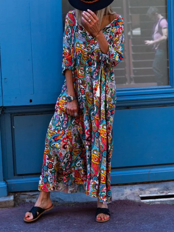 V Neck Multicolor Paneled Maxi Dresses Chic Off-Shoulder Maxi Dress