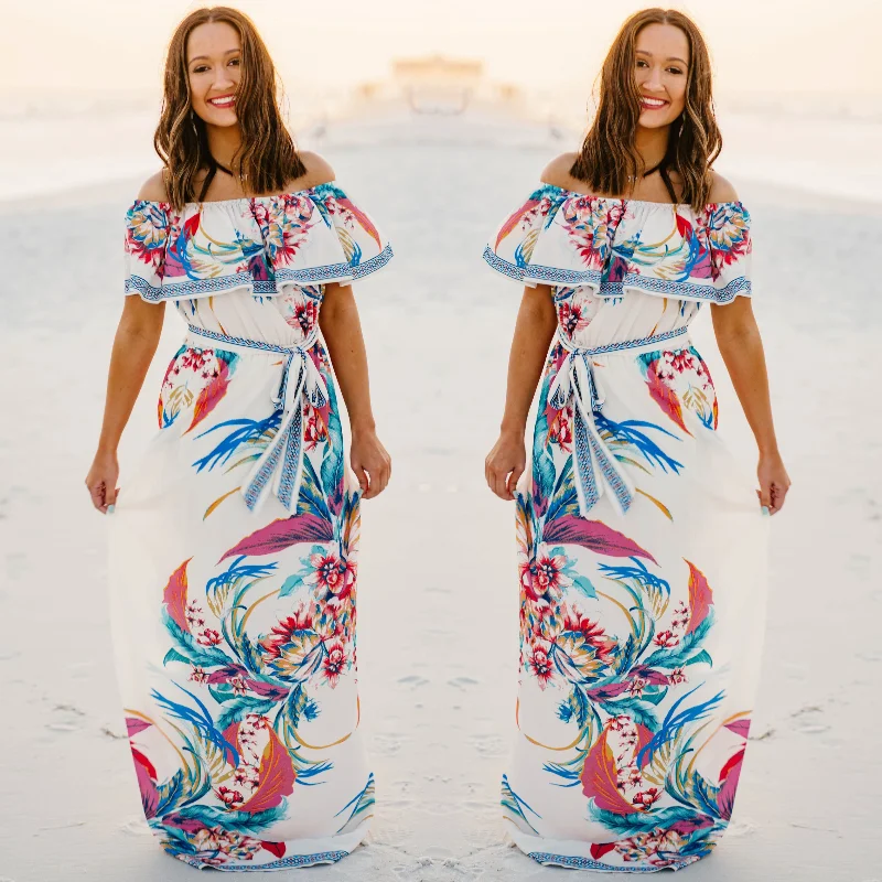 Last Chance Size Small | Bahama Breeze Off The Shoulder Ruffle Floral Maxi Dress in Ivory | ONLY 1 LEFT! Comfortable Flowy Maxi Dress