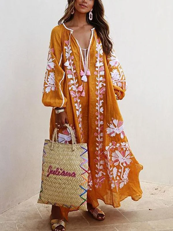 Women Printed Boho Dress V Neck Holiday Maxi Dresses