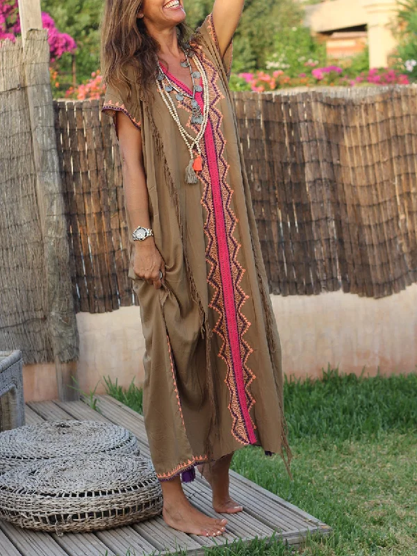 Women’s V-neck Short-sleeved Loose Boho Maxi Dress Chic Summer Floral Maxi Dress
