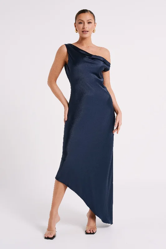 Yvette Slip Maxi Dress With Asymmetrical Hem - Navy Classic Tulle Maxi Dress