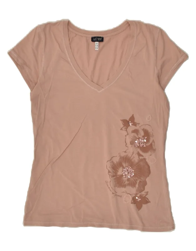 ARMANI Womens T-Shirt Top UK 12 Medium Brown Floral Beaded Sequined Faux Fur
