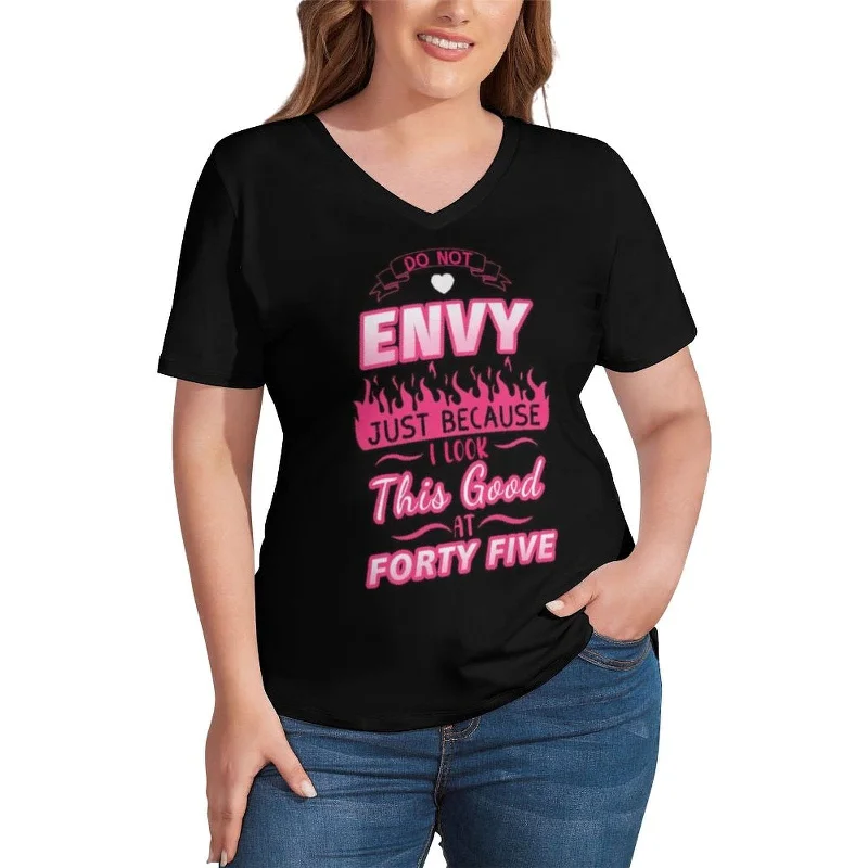 Plus Size T-shirt-Custom Age Envy Plus Size V Neck T-shirt for Her Made for You Custom Shirt for Birthday Striped Floral Plaid Plus Size T-shirt-Custom Age Envy Plus Size V Neck T-shirt for Her Made for You Custom Shirt for Birthday Striped Floral Plaid