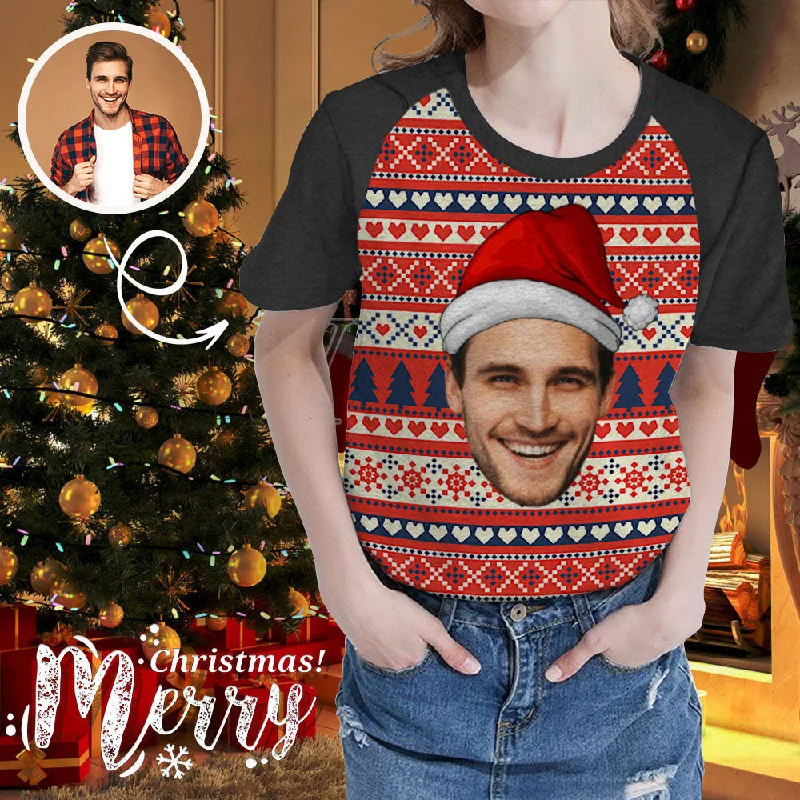 Custom Face Christmas Hat Tree Red Women's All Over Print T-shirt V-Neck T-Shirt Long Sleeve Cotton Custom Face Christmas Hat Tree Red Women's All Over Print T-shirt V-Neck T-Shirt Long Sleeve Cotton