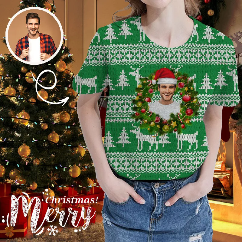 Custom Face Christmas Hat Wreath Green Women's All Over Print T-shirt Mesh Blend Leather Blend Suede Blend
