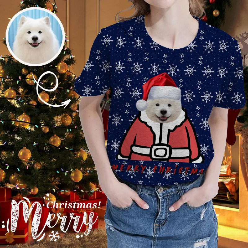 Custom Face Cute Puppy Christmas Hat Women's All Over Print T-shirt Beaded Sequined Faux Fur