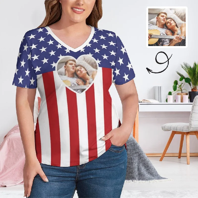#Plus Size T-shirt-Custom Photo Flag Star Plus Size V Neck T-shirt for Her Design Your Own Shirt Gift Denim Fabric Leather Fabric Suede Fabric #Plus Size T-shirt-Custom Photo Flag Star Plus Size V Neck T-shirt for Her Design Your Own Shirt Gift Denim Fabric Leather Fabric Suede Fabric