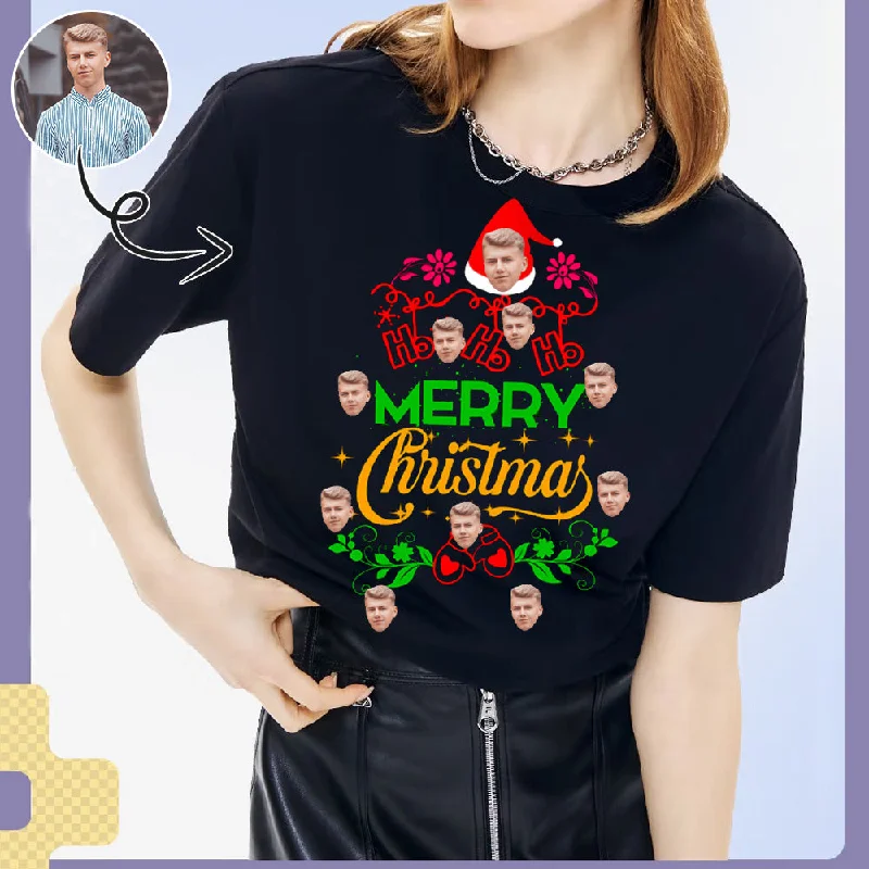 Custom Face Merry Christmas&Wreath Tee Put Your Photo on Shirt Unique Design Women's All Over Print T-shirt Asymmetrical Pockets Print Custom Face Merry Christmas&Wreath Tee Put Your Photo on Shirt Unique Design Women's All Over Print T-shirt Asymmetrical Pockets Print