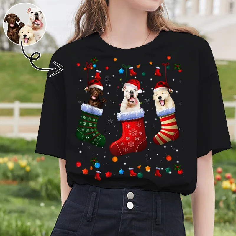 Custom Face Pet in Christmas Sock Tee Put Your Photo on Shirt Unique Design Women's All Over Print T-shirt Collared T-Shirt Boat Neck A-Line Custom Face Pet in Christmas Sock Tee Put Your Photo on Shirt Unique Design Women's All Over Print T-shirt Collared T-Shirt Boat Neck A-Line
