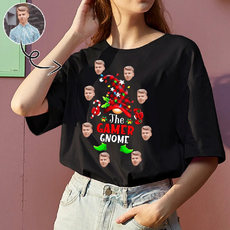 Custom Face The Gamer Gnome Tee Put Your Photo on Shirt Unique Design Women's All Over Print T-shirt Sequined Glittery Shiny Custom Face The Gamer Gnome Tee Put Your Photo on Shirt Unique Design Women's All Over Print T-shirt Sequined Glittery Shiny