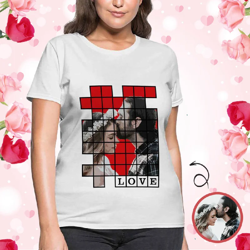 Custom Photo Couple Love Puzzle Women's All Over Print T-shirt Casual Formal Business Custom Photo Couple Love Puzzle Women's All Over Print T-shirt Casual Formal Business