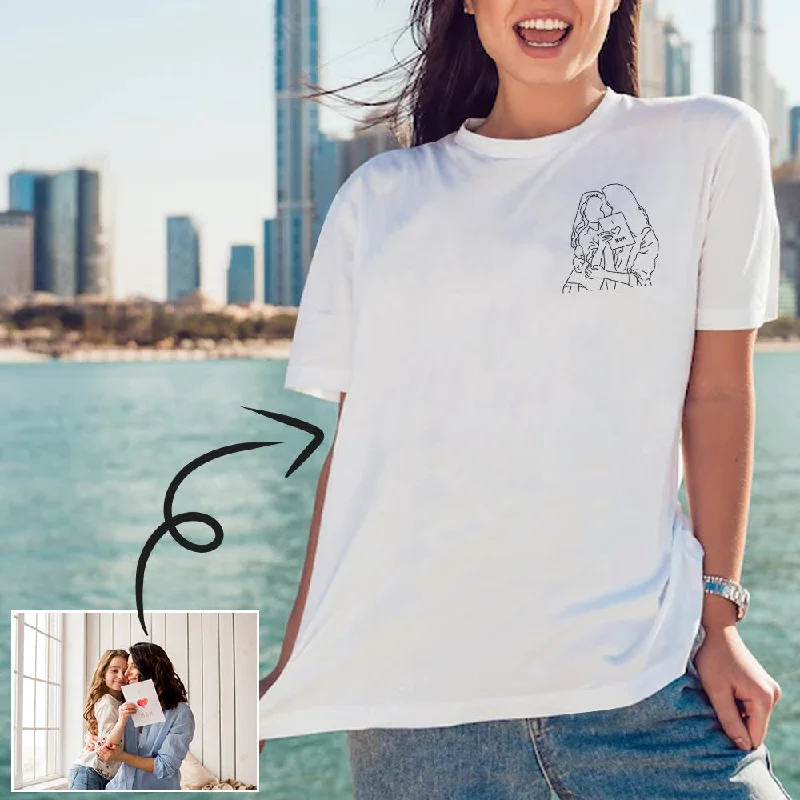Custom Portrait Outline Shirt, Line Art Photo Shirt For Female, Custom Women's All Over Print T-shirt, Photo Outline Outfit For Mother And Daughter Fleece Nylon Spandex Custom Portrait Outline Shirt, Line Art Photo Shirt For Female, Custom Women's All Over Print T-shirt, Photo Outline Outfit For Mother And Daughter Fleece Nylon Spandex