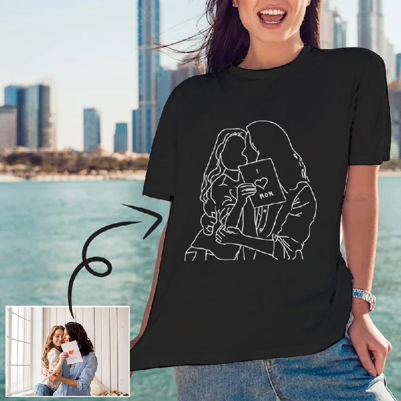 Custom Portrait Outline Shirt, Line Art Photo Shirt For Female, Custom Women's All Over Print T-shirt, Photo Outline Outfit For Mother and Daughter Real Fur Shearling Chenille Custom Portrait Outline Shirt, Line Art Photo Shirt For Female, Custom Women's All Over Print T-shirt, Photo Outline Outfit For Mother and Daughter Real Fur Shearling Chenille