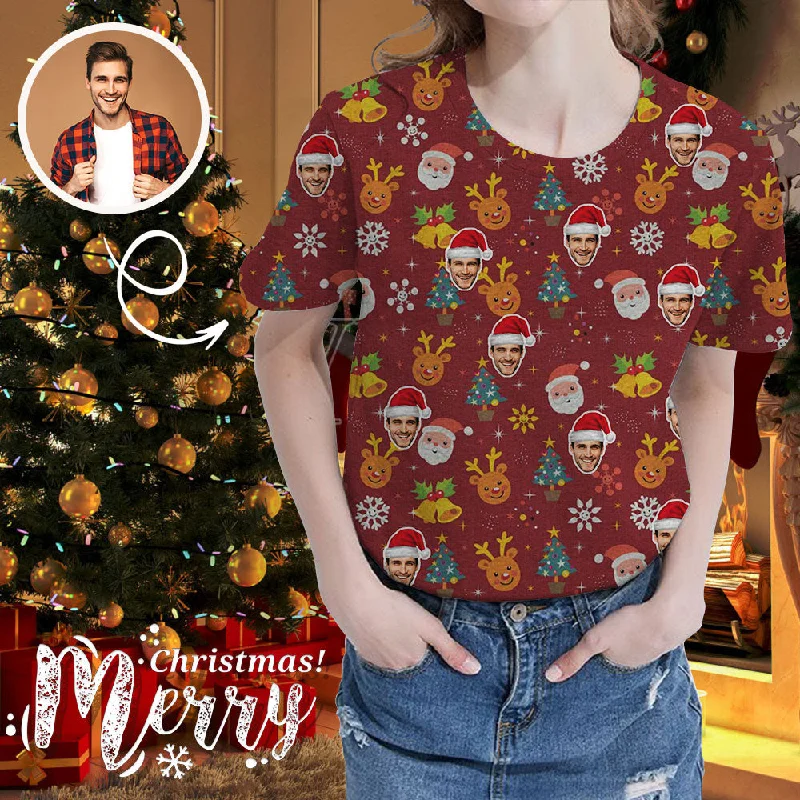 Custom Face Santa Deer Tree Women's All Over Print T-shirt Fleece Fabric Down Fabric Feather Fabric Custom Face Santa Deer Tree Women's All Over Print T-shirt Fleece Fabric Down Fabric Feather Fabric