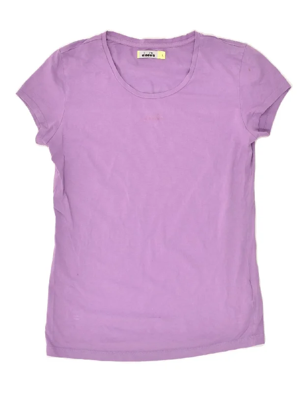 DIADORA Womens T-Shirt Top UK 14 Large Purple Cotton Welt Pockets Slit Pockets