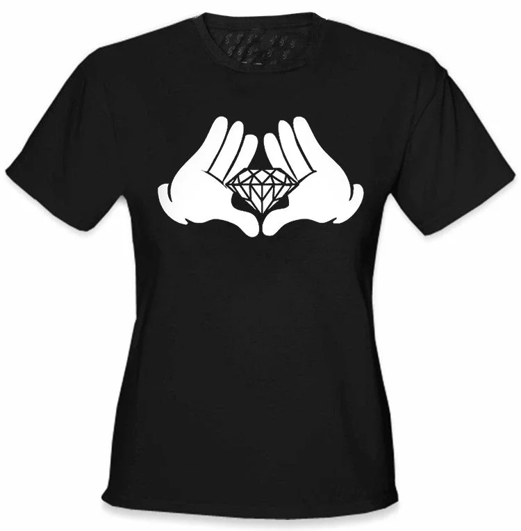 Diamond Cartoon Hands Girl's T-Shirt Collared T-Shirt Boat Neck A-Line