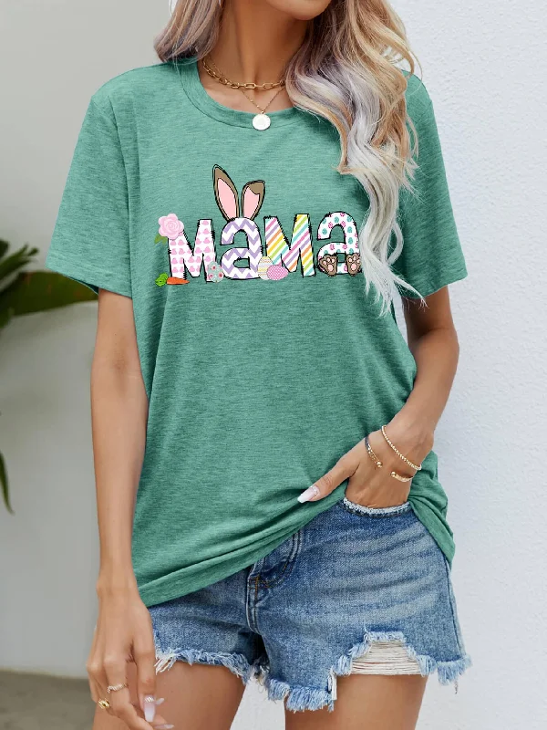 Easter MAMA Graphic Round Neck T-Shirt Sequined Glittery Shiny