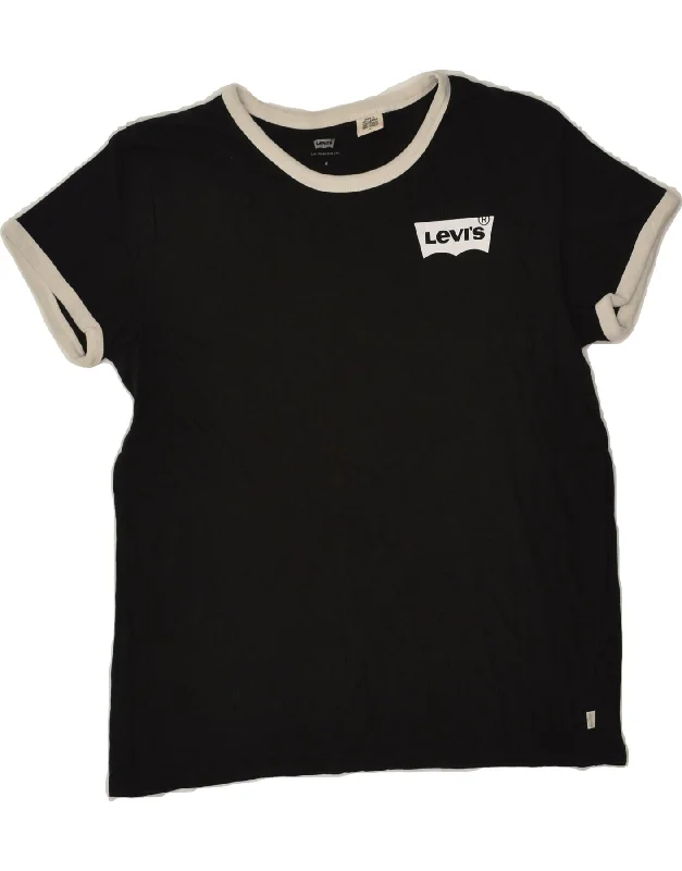 LEVI'S Womens T-Shirt Top UK 14 Medium Black Knit Fabric Woven Fabric Fleece Fabric
