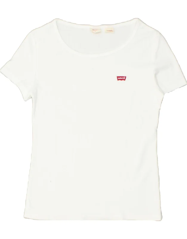 LEVI'S Womens T-Shirt Top UK 8 Small White Denim Fabric Leather Fabric Suede Fabric