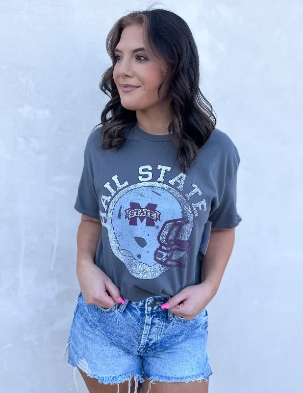 Mississippi State Bulldogs Helmet Circle Gray Thrifted Tee Boxy Fit Fitted Loose